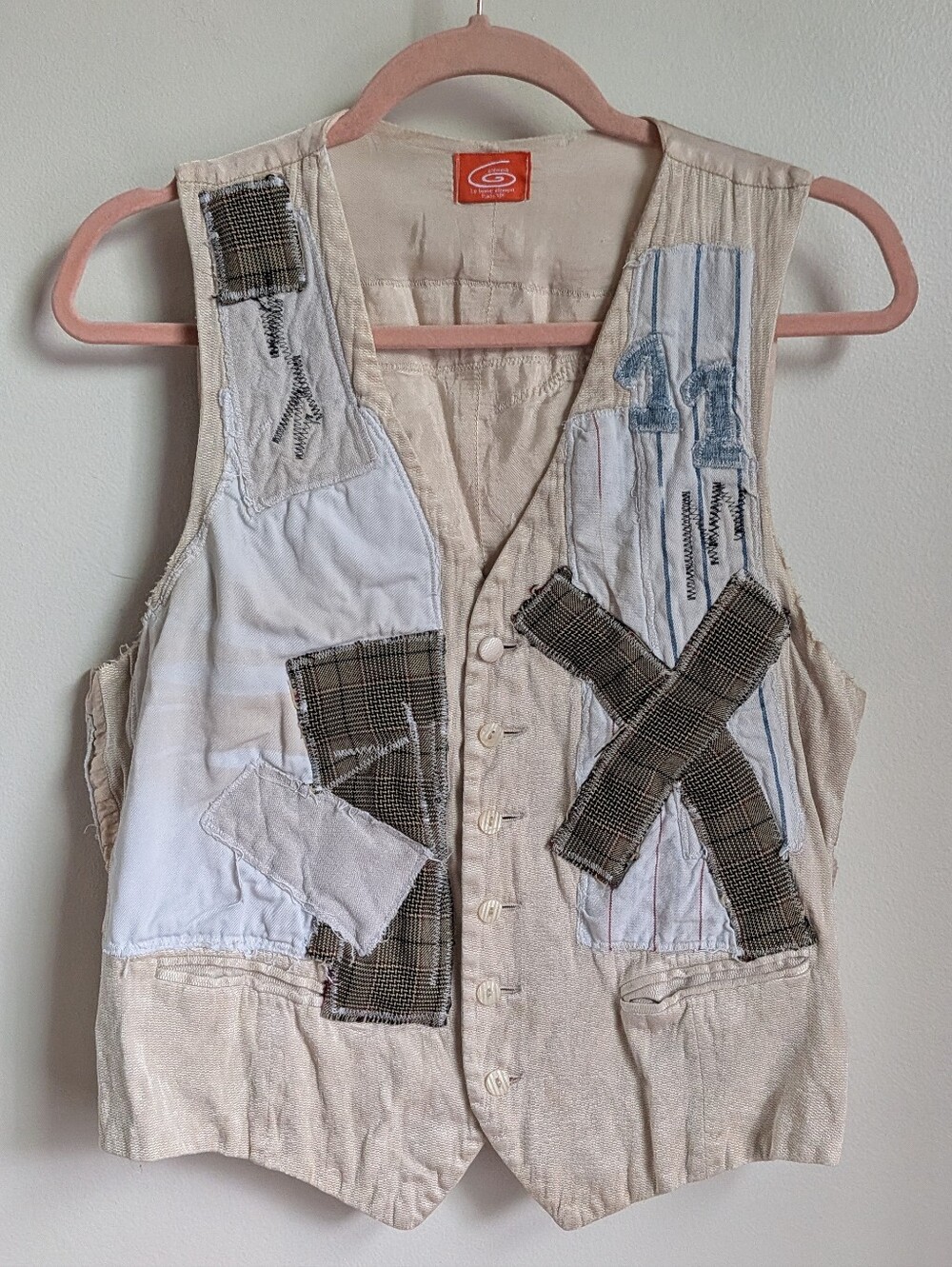 VINTAGE Patchwork Cream Blue Silk Patchwork Minimalist Vest Size Medium